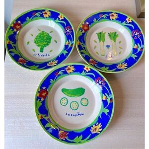 VTG Kimberly Hodges Garden Delights Blue Bowl Set of 3 Artichoke/Leek/Cucumber